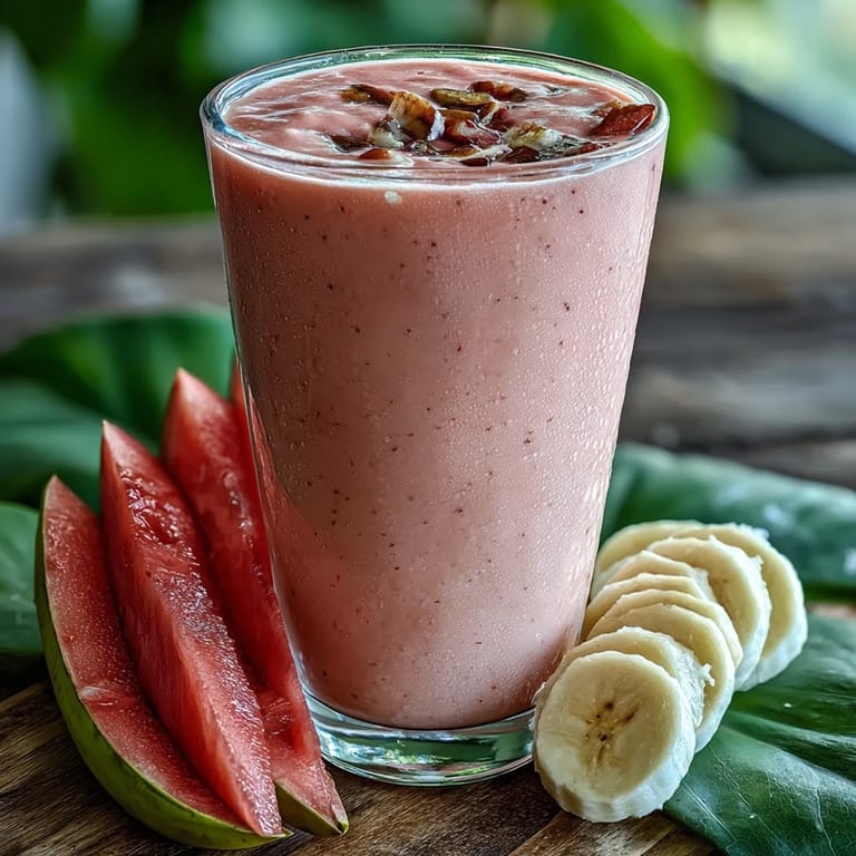 Refreshing Guava Banana Smoothie blended with milk and ice, ready to serve for a nutritious breakfast.