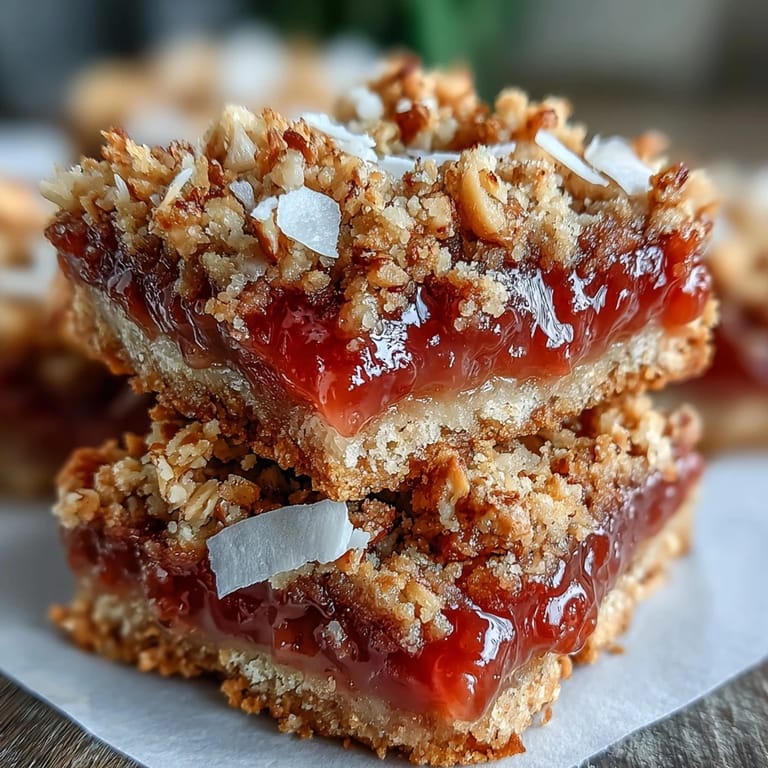 Close-up of Guava Jam Bars with a scoop of vanilla ice cream melting on top, highlighting the tropical coconut and macadamia oat crumble.