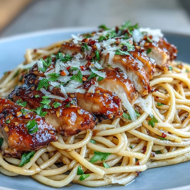 A fork twirls Sticky Honey Garlic Chicken Pasta coated in glossy sauce, paired with a crisp white wine for an easy family meal.
