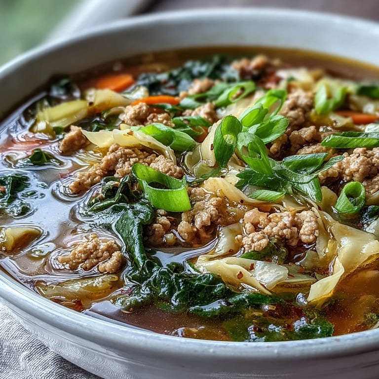 Vibrant Cozy One-Pot Egg Roll Soup with Green Onions and Ginger featuring tender cabbage, carrots, and savory pork in a clear broth.