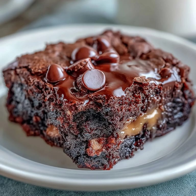 A close-up of Rich Peanut Butter Cup Dump Cake served warm, with a scoop of vanilla ice cream melting into the rich dessert.
