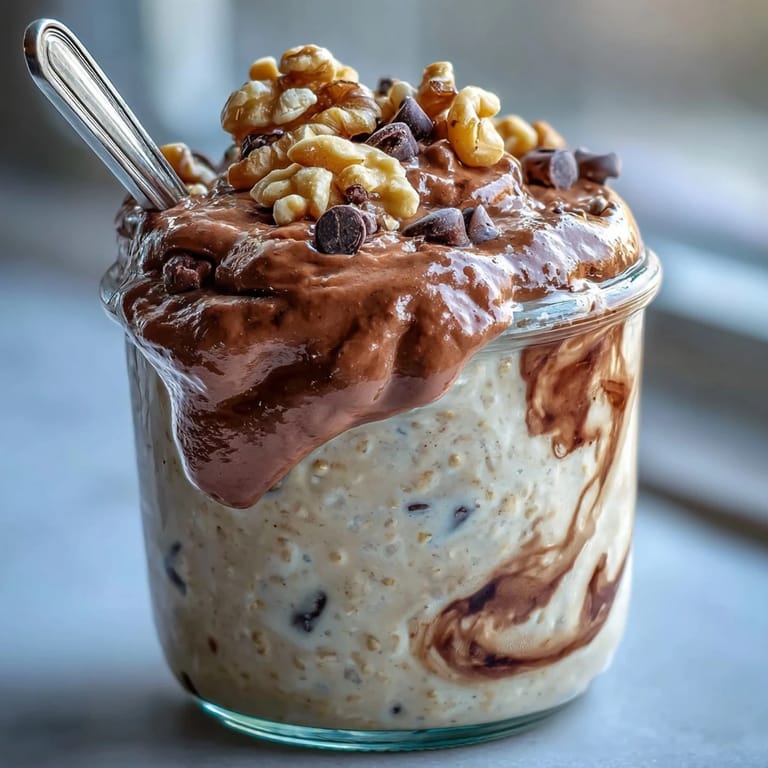 Stirred peanut butter and melted chocolate chunks swirled into a jar of Chunky Monkey Protein Overnight Oats.