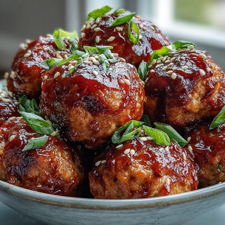 Golden brown Spicy Chili Honey Turkey Meatballs in a glossy chili honey sauce, served in a rustic bowl with a side of steamed white rice.