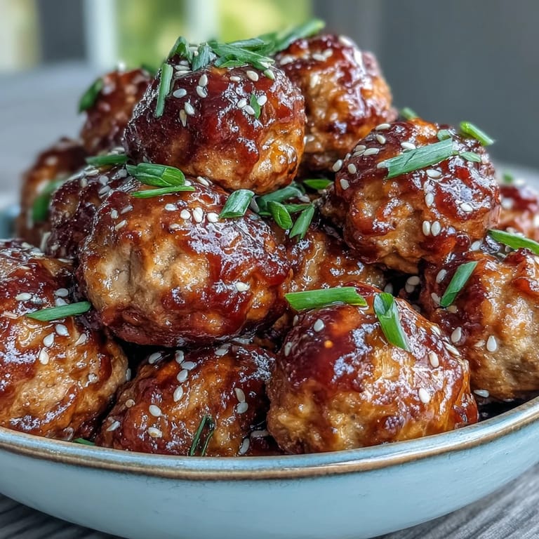 A close-up of Spicy Chili Honey Turkey Meatballs showcasing their juicy texture and sticky glaze, topped with green onions and sesame seeds.