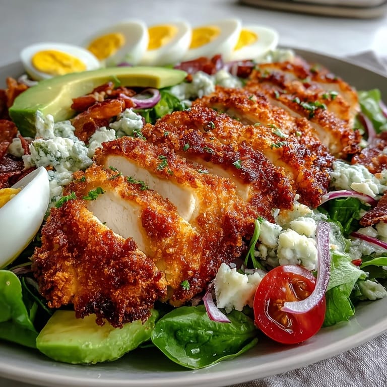 Sliced Parmesan Crusted Chicken Cobb Salad arranged neatly with hard-boiled eggs, tomatoes, cucumber, and blue cheese crumbles.