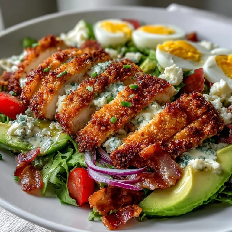 Freshly baked Parmesan Crusted Chicken Cobb Salad served with a side of tangy red wine vinaigrette dressing.