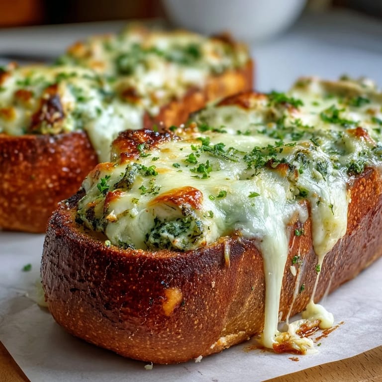 A close-up of Pesto Chicken Garlic Bread Boats with melted mozzarella and fresh basil garnish, perfect for party appetizers.