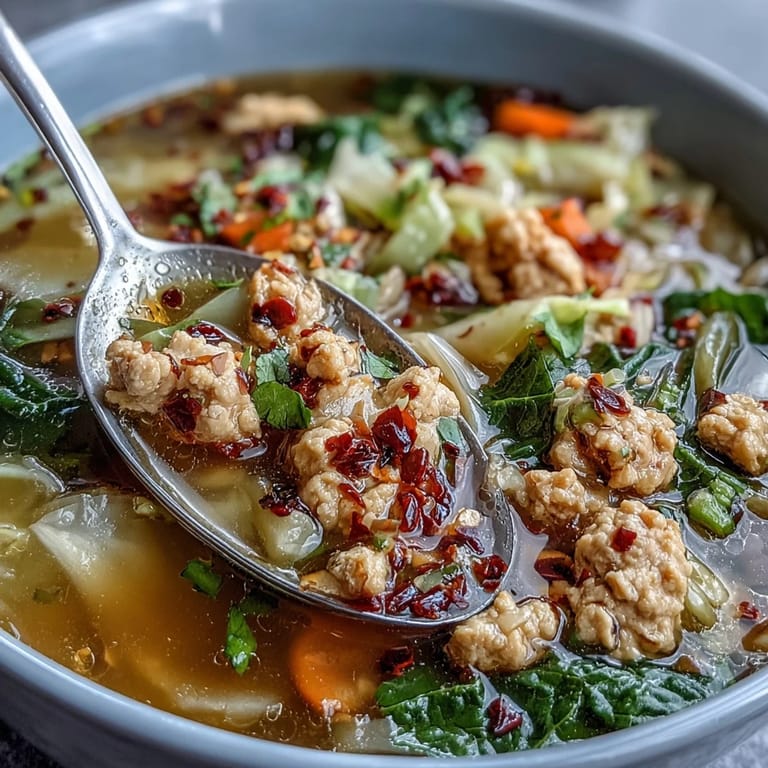 Freshly grated ginger and green onions garnish this savory Egg Roll Soup with Chicken & Cabbage. 