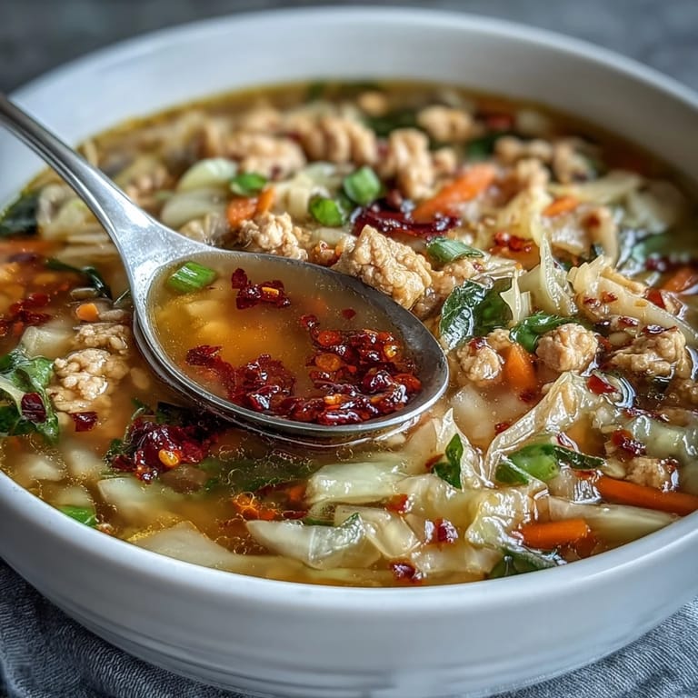 A bowl of Egg Roll Soup with Chicken & Cabbage topped with vibrant chili crisp and sesame seeds.