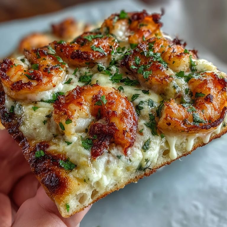 Freshly broiled Garlic Butter Shrimp Naan Pizzas with melty cheese and parsley garnish on a rustic wooden table.