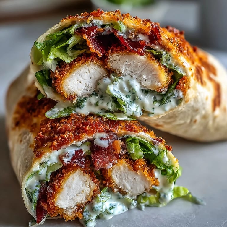 Two halves of a Crispy Chicken Bacon Caesar Wrap on a white plate, with lemon wedges and extra Caesar dressing for dipping.