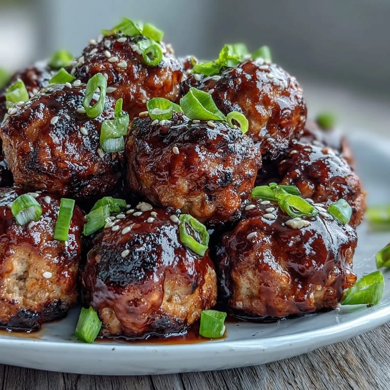 Tender Spicy Chili Honey Turkey Meatballs served over fluffy rice, garnished with green onions and sesame seeds.