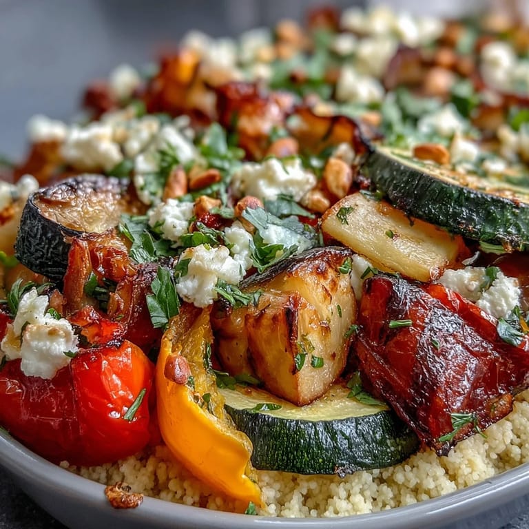 Freshly baked Mediterranean casserole with couscous, zucchini, and crumbled feta, ready to serve.