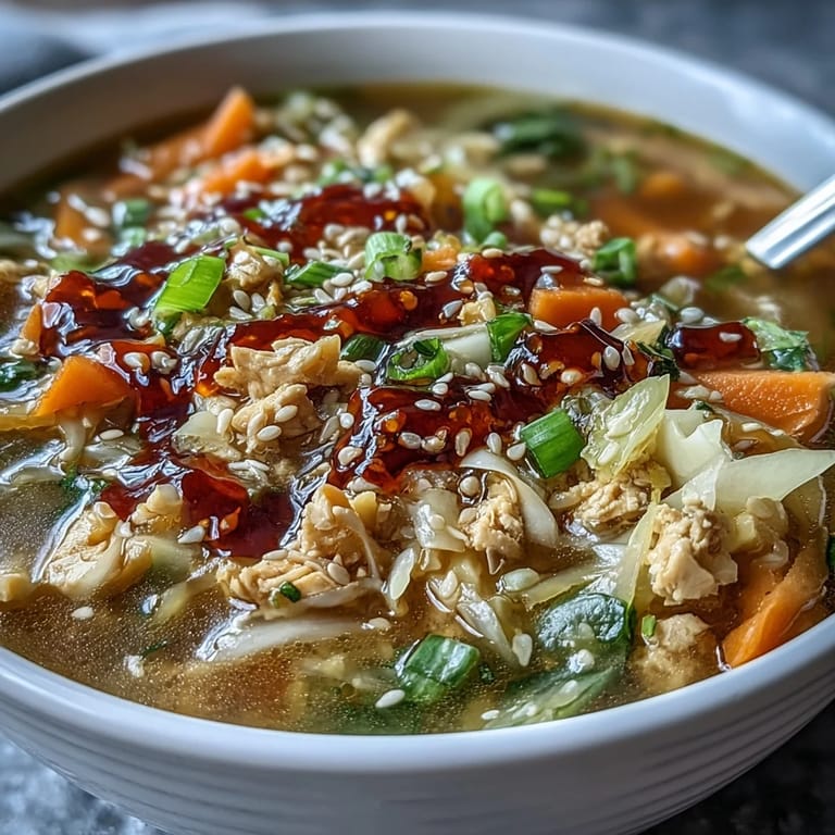 Close-up of a spoon lifting Egg Roll Soup with Chicken & Cabbage, revealing tender vegetables and shredded chicken.