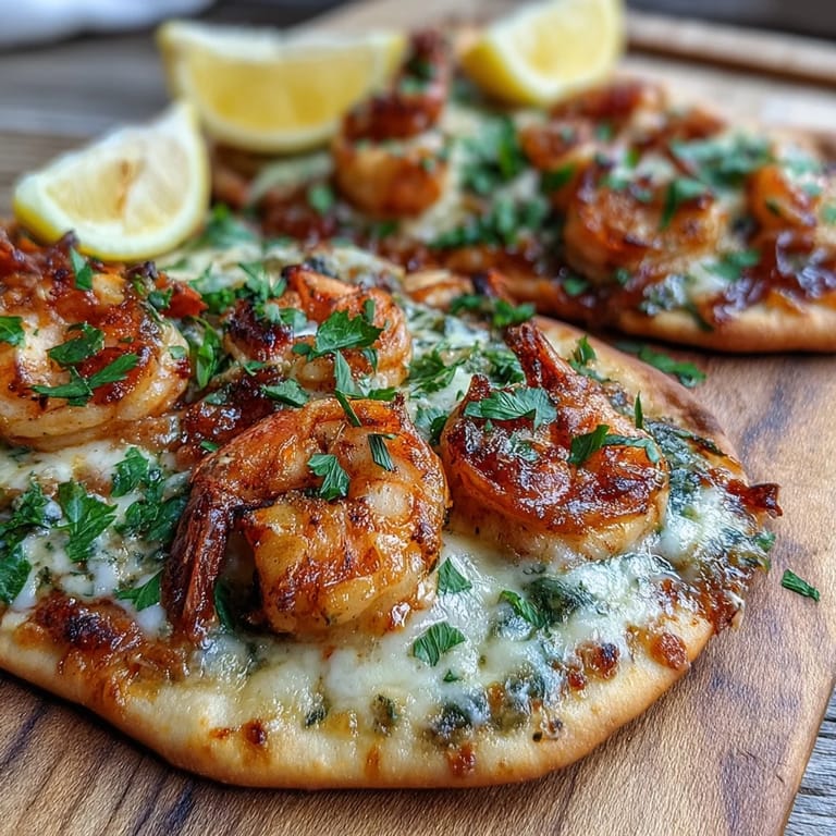 Fresh parsley and bright lemon juice garnish this Garlic Butter Shrimp Naan Pizza for a flavorful fusion dinner.