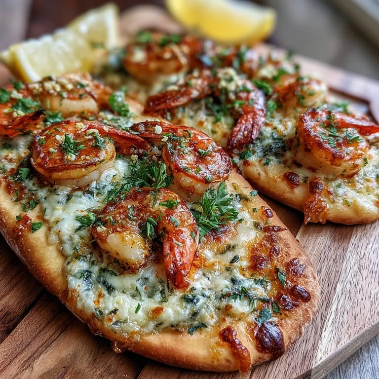 Sizzling shrimp and melted cheese top crispy golden naan in this quick Garlic Butter Shrimp Naan Pizza.