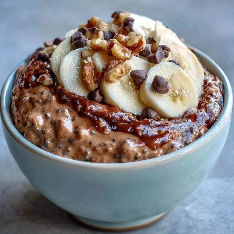 Thick overnight oats layered with rich cocoa, sliced banana, and a generous drizzle of peanut butter.