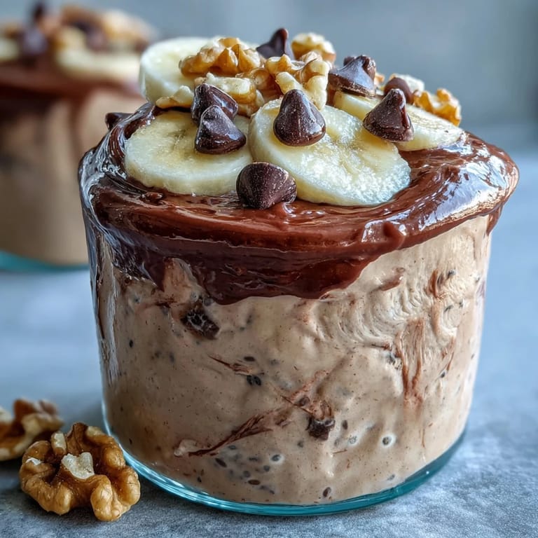 Healthy Chunky Monkey Protein Overnight Oats topped with walnuts and mini chocolate chips, served in glass jars.