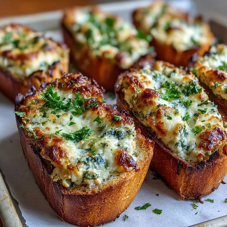 Crusty Italian bread boats overflowing with creamy pesto chicken filling, ready to serve as a warm appetizer.