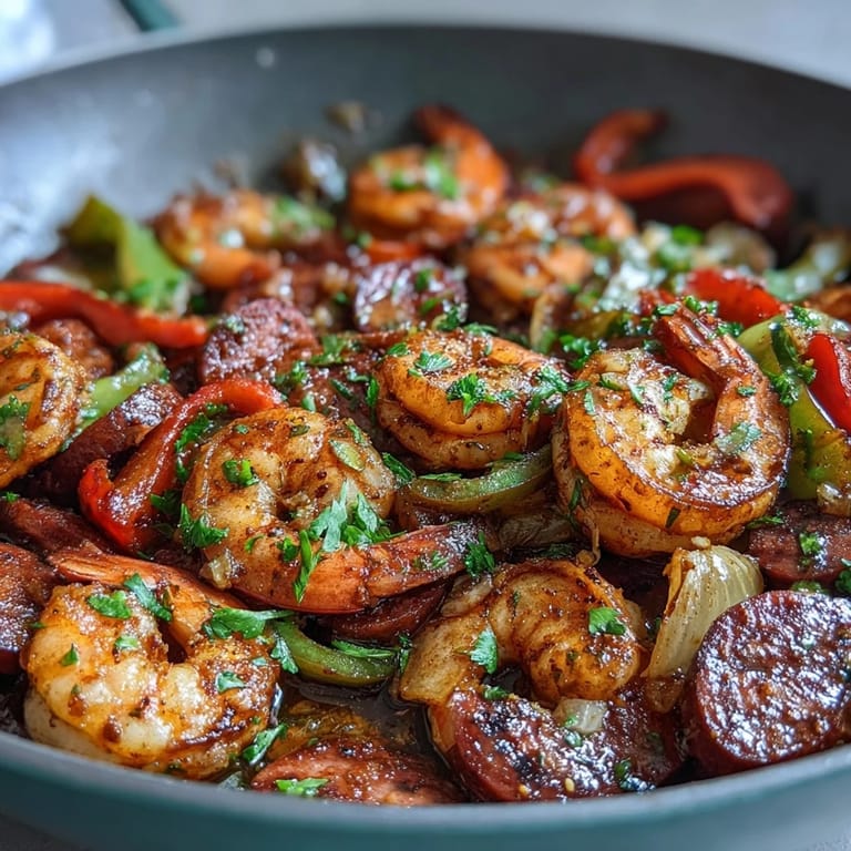 A close-up of Keto Cajun Shrimp and Sausage Skillet revealing pink shrimp and andouille with vibrant bell peppers.