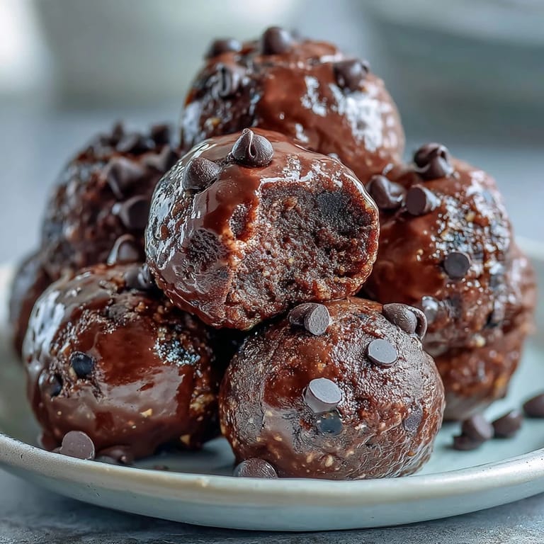 Stack of chilled Vegan Chocolate Peanut Butter Protein Balls served on a plate with maple syrup drizzle.