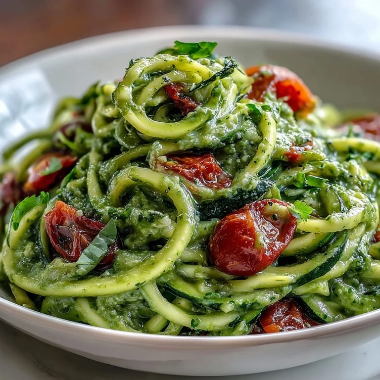Tossed vegan pumpkin seed pesto zucchini noodles with garlic and lemon notes, served warm or raw for a quick, gluten-free Italian-inspired dinner.