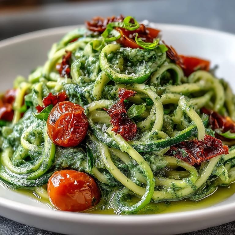 Close-up of bright green zucchini noodles and rich pumpkin seed pesto, garnished with fresh basil and tomatoes for a flavorful plant-based dish.
