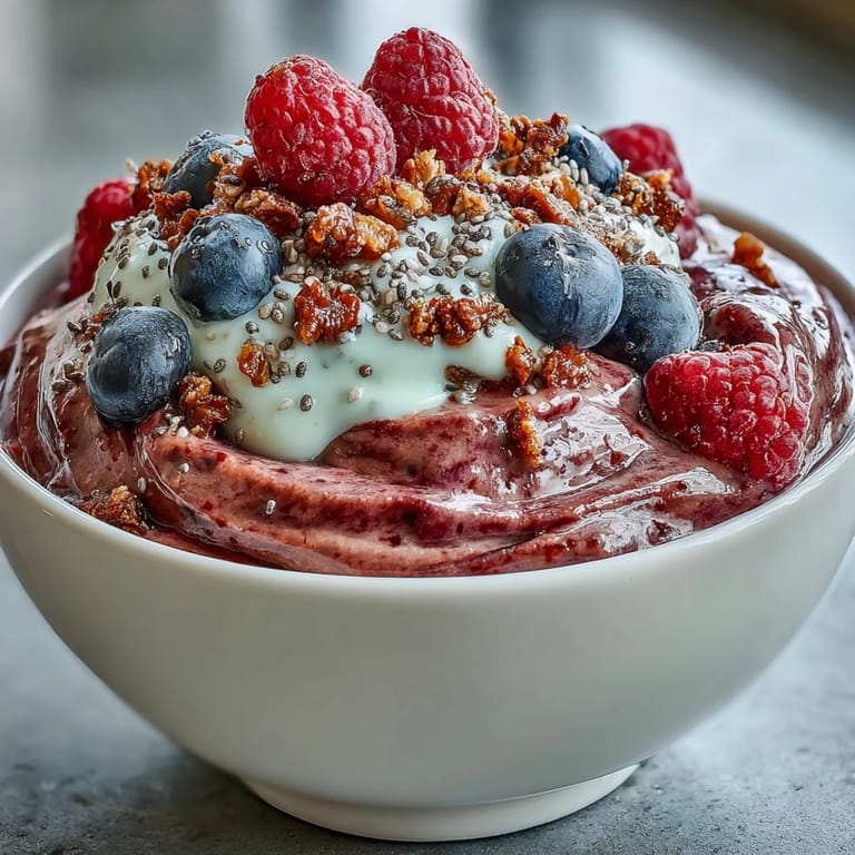 Spoon diving into a thick Berry Greek Yogurt Smoothie Bowl with fresh berries, chia seeds, and crunchy granola toppings in natural light.