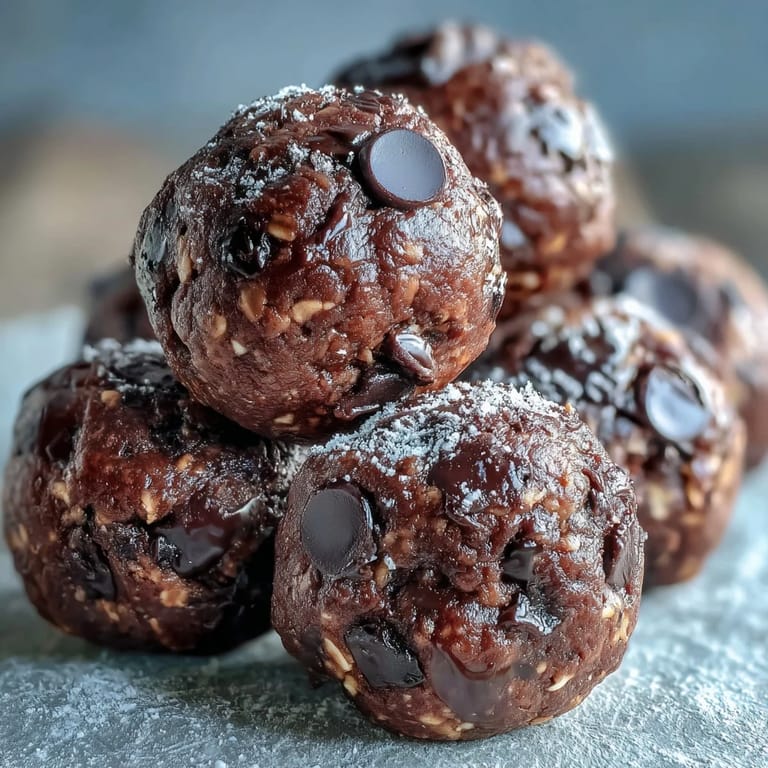 A close-up of Vegan Chocolate Peanut Butter Protein Balls with melted chocolate chips and creamy peanut butter.