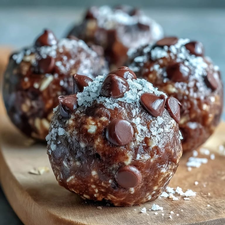Stack of chilled Vegan Chocolate Peanut Butter Protein Balls served on a plate with maple syrup drizzle.