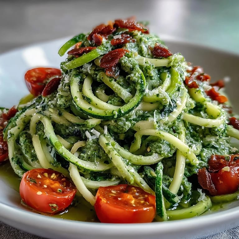 Tossed vegan pumpkin seed pesto zucchini noodles with garlic and lemon notes, served warm or raw for a quick, gluten-free Italian-inspired dinner.