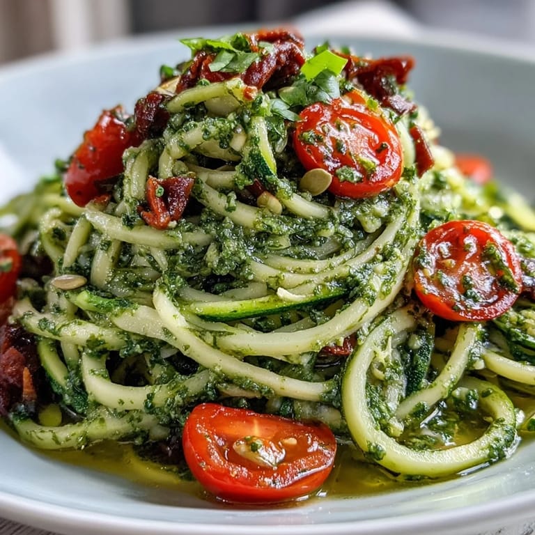 Close-up of bright green zucchini noodles and rich pumpkin seed pesto, garnished with fresh basil and tomatoes for a flavorful plant-based dish.