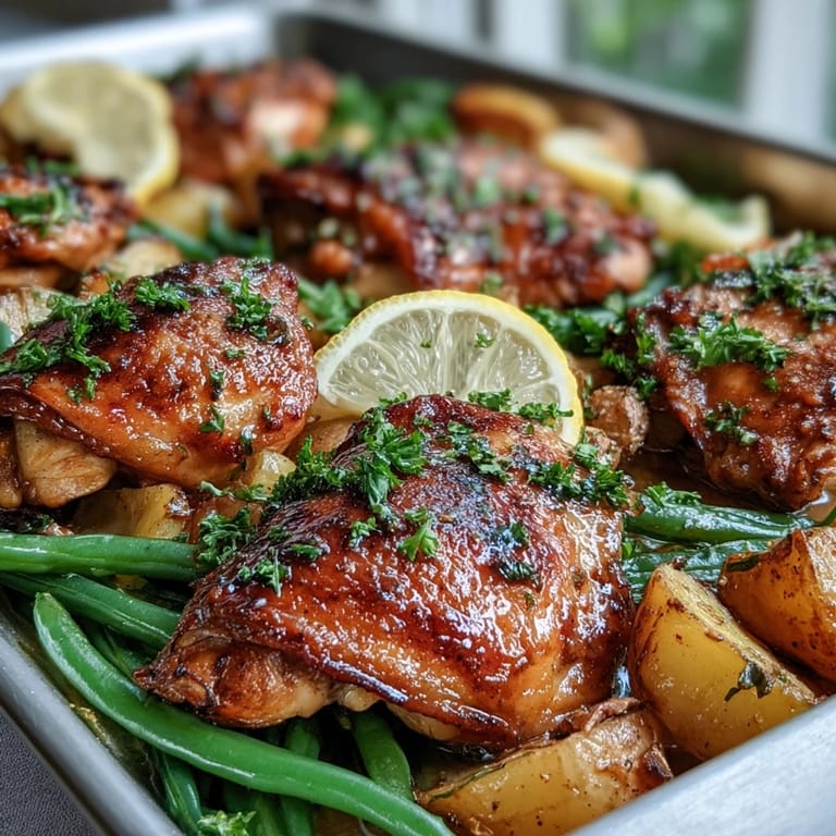 Tender chicken breasts and golden potatoes mingle with green beans on a sheet pan, topped with vibrant lemon and herbs for serving.