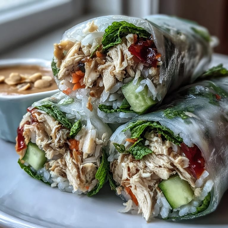 Two sliced Light Chicken and Veggie Spring Rolls show vibrant carrot and bell pepper filling beside a creamy peanut sauce.