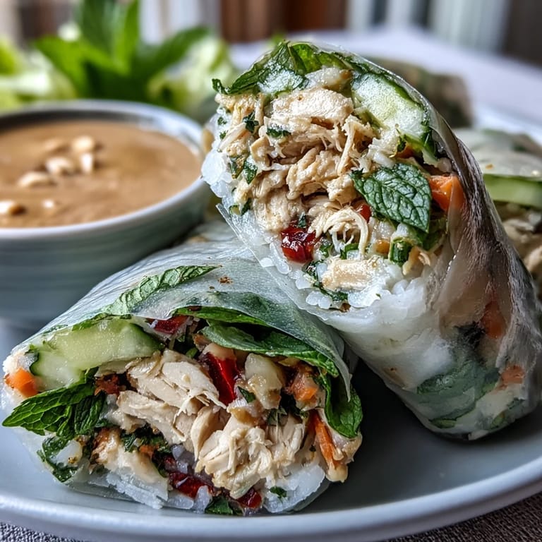 Homemade Light Chicken and Veggie Spring Rolls with Peanut Sauce arranged neatly on a plate with fresh mint garnish.