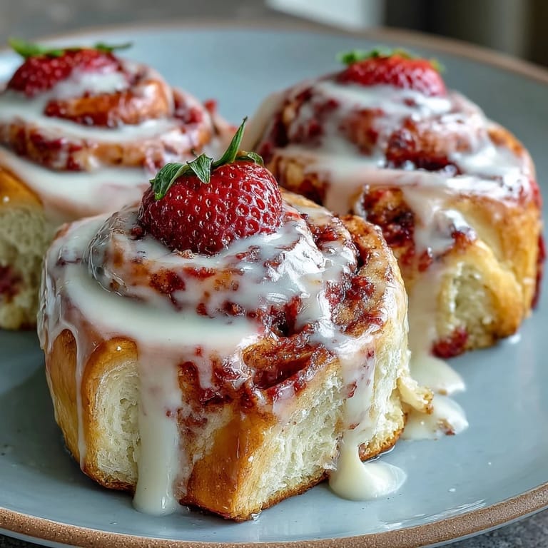 Soft brioche dough swirled with sweet strawberry jam and topped with creamy glaze makes these Strawberry Cinnamon Rolls irresistible.  