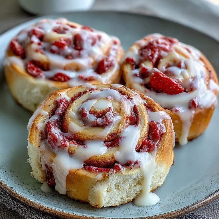 Golden-baked Strawberry Cinnamon Rolls filled with fresh strawberry puree and finished with a rich cream cheese topping.