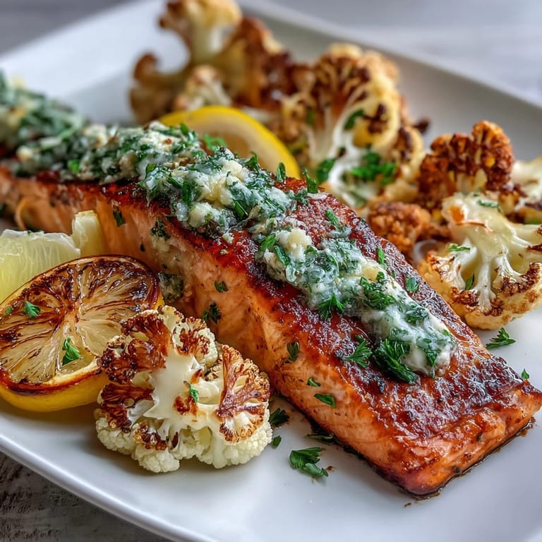 Roasted Cauliflower and Herb Butter Salmon: flaky salmon topped with fresh herb butter, served with golden roasted cauliflower for a simple, gluten-free dinner.
