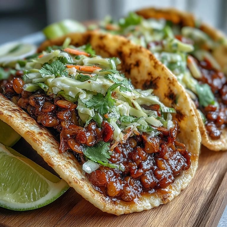 Smoky BBQ lentils spooned into soft tortillas and topped with crunchy red and green cabbage slaw for a satisfying vegan taco night.  