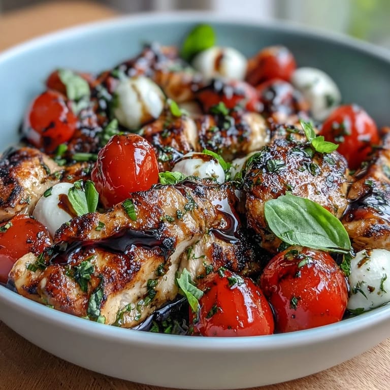 A vibrant bowl of grilled chicken caprese with ripe tomatoes, creamy mozzarella, and tangy balsamic drizzle.  