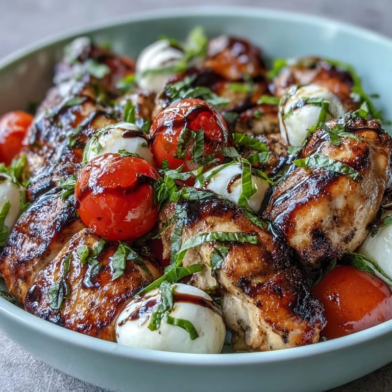 Colorful grilled chicken caprese bowls layered with basil, arugula, and sweet balsamic glaze for a light meal.