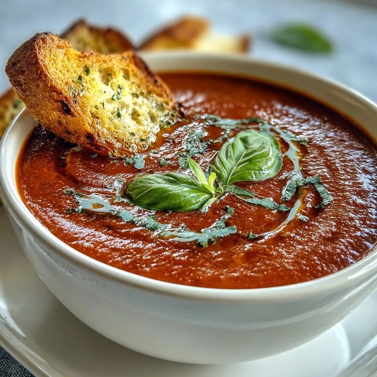 Rich and creamy vegan tomato soup with aromatic basil, accompanied by crunchy garlic-infused sourdough dippers for a comforting meal.