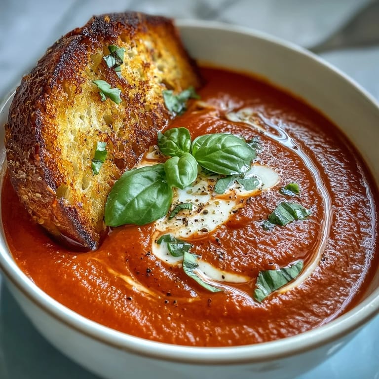Velvety vegan tomato basil soup in a white bowl, paired with crispy toasted sourdough strips rubbed with garlic for dipping.