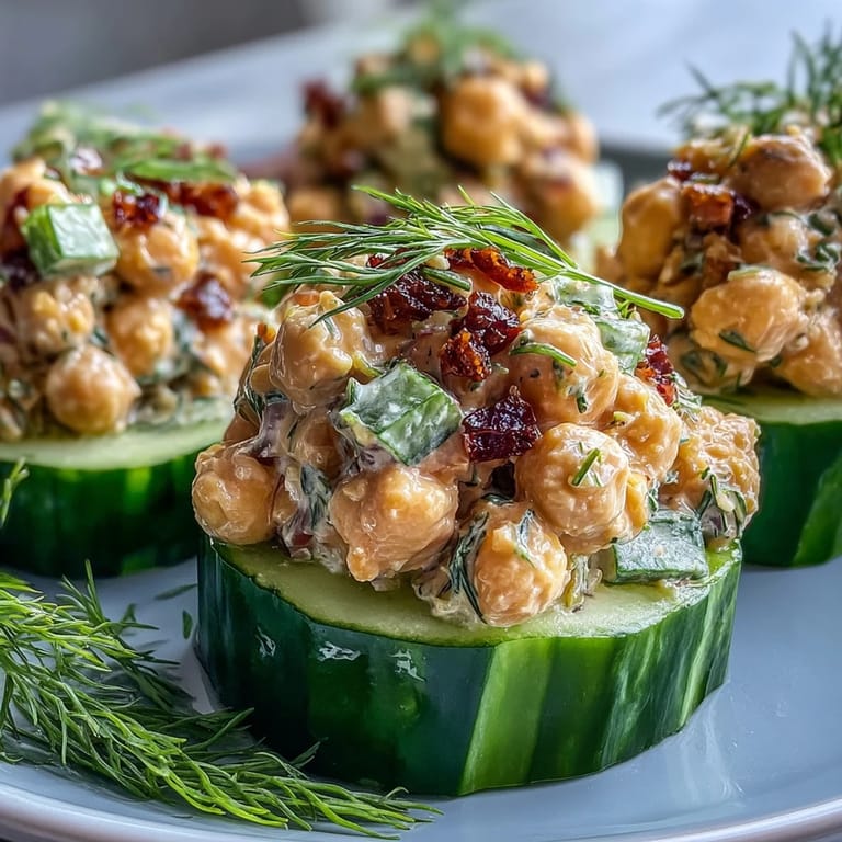 Zesty chickpea salad with vegan mayo and Dijon fills refreshing cucumber halves in this easy plant-based appetizer.  