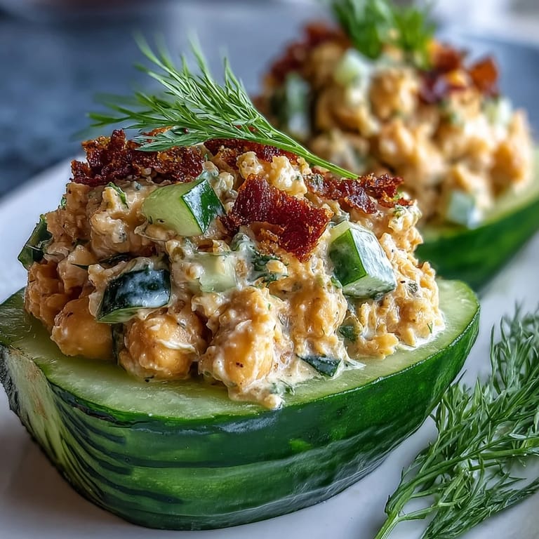 Crunchy cucumber boats hold creamy, protein-rich vegan chickpea tuna salad, perfect for a quick, nutritious snack or meal.