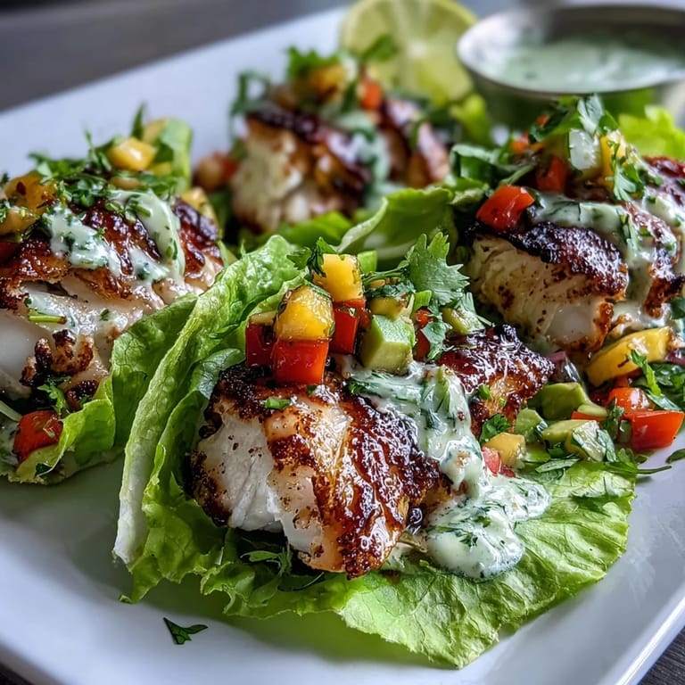 Zesty grilled fish fillets nestled in romaine lettuce shells and crowned with sweet mango salsa — a light, flavorful twist on classic fish tacos.