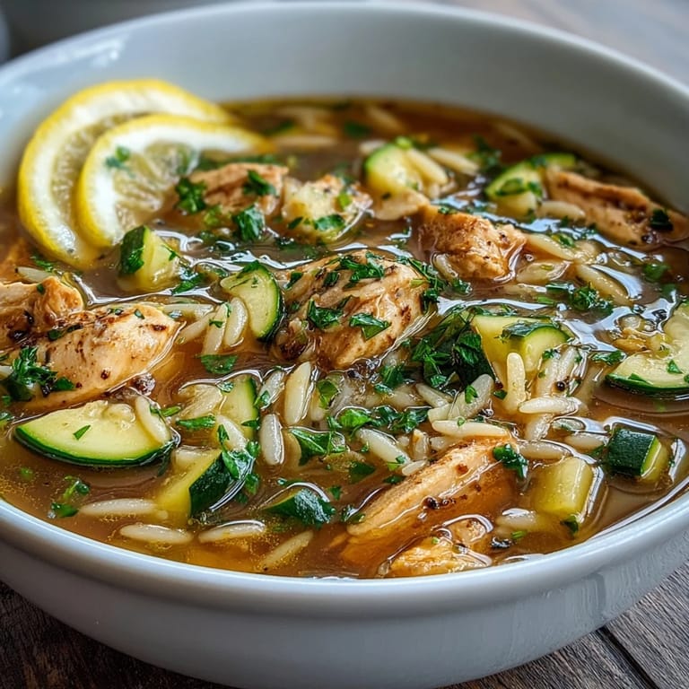 Close-up of One-Pot Lemon Chicken and Zucchini Orzo Soup being served.