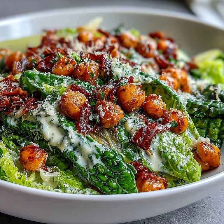 Plant-based Caesar salad topped with smoky roasted chickpeas and dairy-free cashew dressing, garnished with vegan Parmesan.  