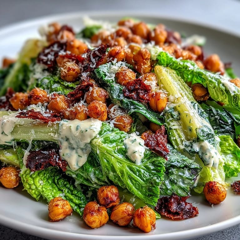Colorful vegan Caesar salad featuring crunchy roasted chickpeas, fresh romaine, and rich cashew-based Caesar dressing.