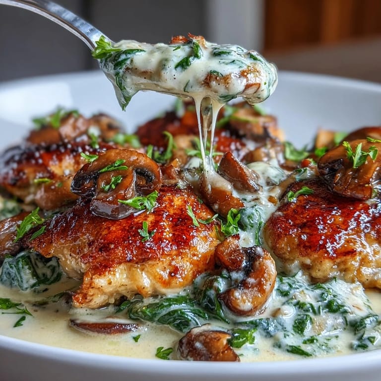Golden-seared chicken breasts served over sautéed mushrooms and spinach in a velvety keto cream sauce.  